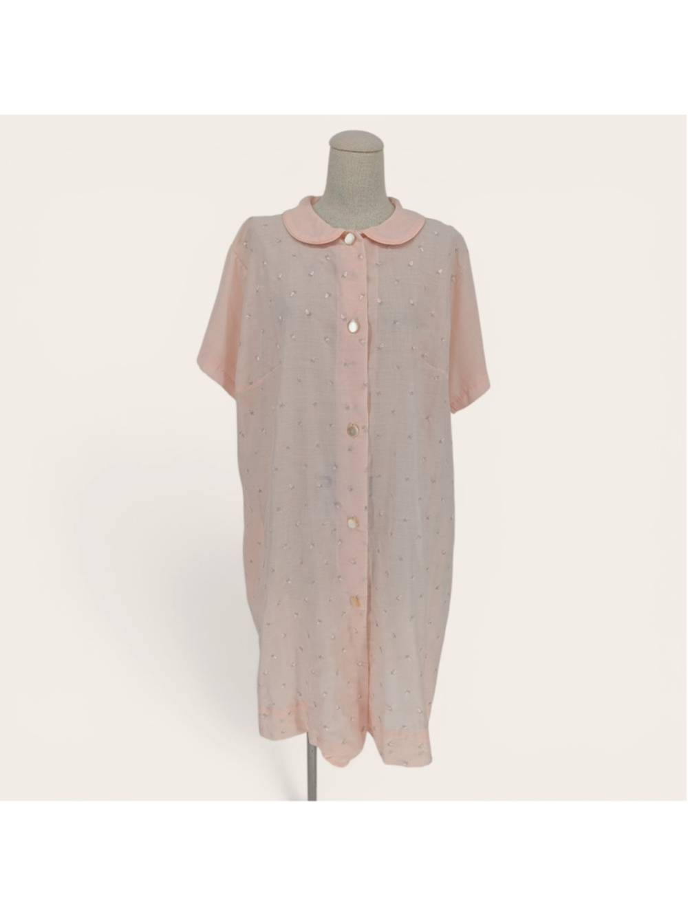 Vintage 60s Katz Coat Pink Embroidered House Dress Peter Pan Collar L
